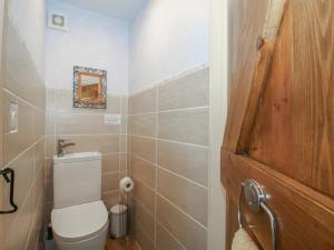 a small bathroom with a toilet and a mirror at Buzzards Breg in Builth Wells +28 photos