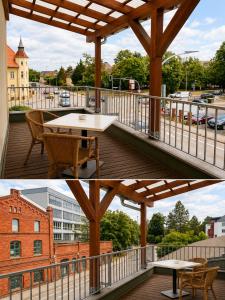 two pictures of a balcony with a table and a building at Waldschloss Rathenow in Rathenow
