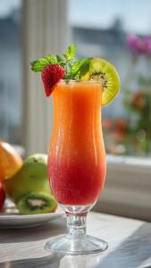 a drink with strawberries and kiwis in a glass at Hotel Vasundhara Villa - Greater Kailash in New Delhi