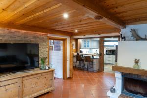 a living room with a large tv and a fireplace at Luxury Chalet with Swimming Pond Nature Escape Upper Austria in Sankt Johann am Walde