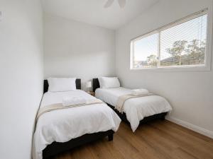 two beds in a white room with a window at Tangory Farmstay in Glendon Brook