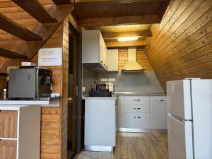 a kitchen with white appliances and wooden ceilings at A-Frame The Wolf Transfăgărășan in Căpăţîneni-Ungureni