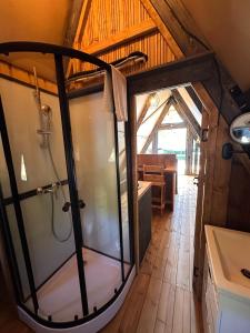 a bathroom with a shower and a toilet and a sink at BEST LEDRO CAMPING in Ledro