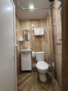 a small bathroom with a toilet and a sink at Apartment Zdravets 2, in the heart of the old city in Veliko Tŭrnovo