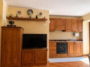 a kitchen with wooden cabinets and a flat screen tv at casa zanna bianca in Vione
