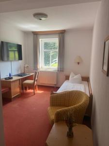 ein Hotelzimmer mit Bett und Schreibtisch in der Unterkunft Hotel Hammermühle in Stadtroda