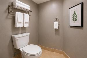 a bathroom with a white toilet and towels at Cumberland Inn By OYO New Cumberland-Hershey South in New Cumberland