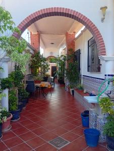 an internal courtyard of a building with potted plants at Casa Aguas Claras in Órgiva +1 photo