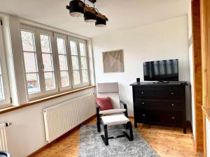 a living room with a chair and a television at Idyllische Auszeit am Waldrand in Weiler