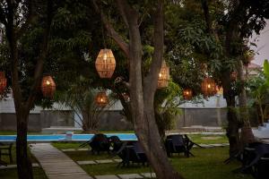 a group of lanterns hanging from trees near a pool at SeaLord Resort in Abuja