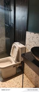a bathroom with a toilet with the seat up at SeaLord Resort in Abuja +18 photos