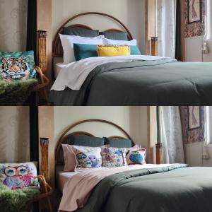 a collage of four pictures of a bed with pillows at Appartement in Craon