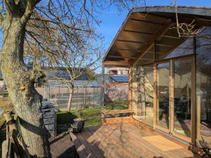 a house with glass doors and a tree at Bakkums Bosgeluk in Castricum