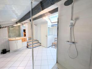 a bathroom with a shower and a sink at Clos de Beauregard in Cirière