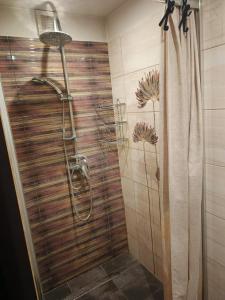 a shower in a bathroom with a shower curtain at Chata Moniela in Drietoma