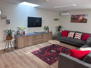 a living room with a couch and a flat screen tv at Casa Grevo Bed and Breakfast in Cedegolo