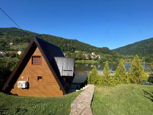 a wooden house on a hill with a lake at Brvnare Sadba 