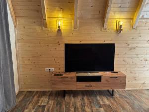 a flat screen tv on a wooden wall at Brvnare Sadba 