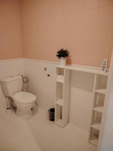 a white bathroom with a toilet and a shelf at Dwór Złoty Bażant in Olsztyn