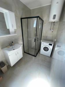 a bathroom with a shower and a washing machine at Rujovic 
