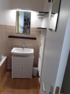 a bathroom with a sink and a mirror at Studio montagne in Mijoux