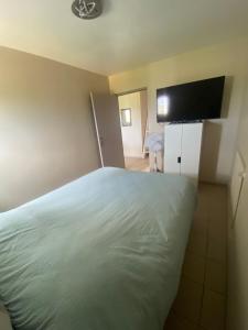 a bedroom with a bed and a flat screen tv at Calme en vacances in Urrugne