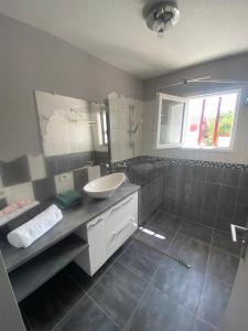 a bathroom with a sink and a shower at Calme en vacances in Urrugne +1 photo