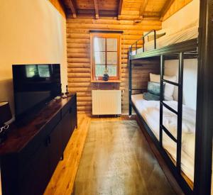 ein Schlafzimmer mit zwei Etagenbetten und einem Flachbildfernseher in der Unterkunft Westerwald Lodge in Stahlhofen
