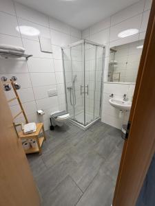 a bathroom with a shower and a toilet and a sink at Maxim City Apartment in Mainz +22 photos