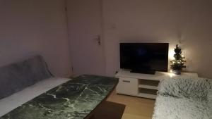 a living room with a flat screen tv and a couch at Haus Lindheim in Altenstadt