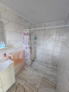 ein weißes Badezimmer mit Dusche und Waschbecken in der Unterkunft Casa Lucean in Săpânța