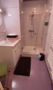 a white bathroom with a shower and a sink at Belle Brise - Cozy apartment in city center in Cancale +19 photos