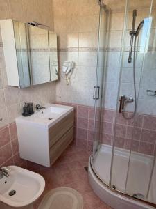 a bathroom with a sink and a shower and a toilet at Villa Ljubica in Pakoštane