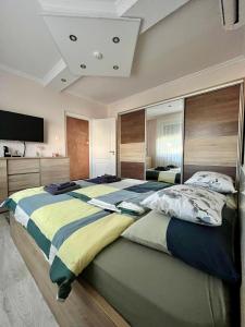 a large bedroom with two beds and a television at Maros Apartman in Makó