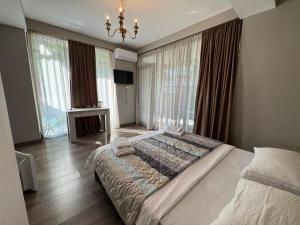 a bedroom with a large bed and large windows at Borjomi Central in Borjomi