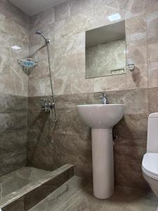 a bathroom with a sink and a shower and a toilet at Borjomi Central in Borjomi +49 photos