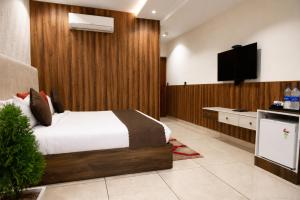 a bedroom with a bed and a flat screen tv at Hotel Emience in Chandīgarh