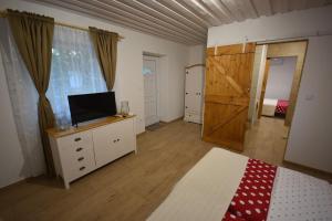 a bedroom with a bed and a tv on a dresser at VarázsLakos Birtok in Tázlár