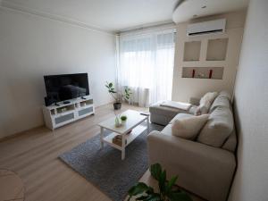 a living room with a couch and a tv at Encsi apartman in Salgótarján