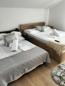 two beds sitting next to each other in a room at Cabana Ozon in Sărmaş