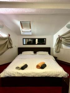 a bedroom with a bed with two pillows on it at Hotel Bran Dracula in Bran +41 photos