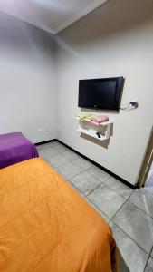 a bedroom with a bed and a flat screen tv at Lo de Luis Departamentos in San Rafael