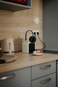 a kitchen counter top with a toaster and a toaster at Studio élégant, central, pour 2 personnes in Pornic