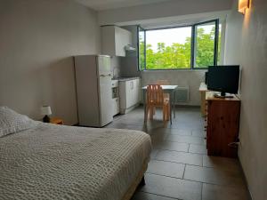 a bedroom with a bed and a table with a television at Locaplage in Lanton