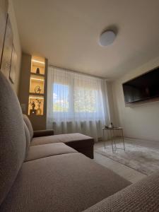 a living room with a couch and a window at MiLu Apartman in Győr +12 photos