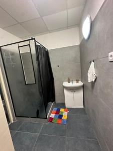a bathroom with a shower and a sink at APARTMÁN CENTRUM Palackého in Trenčín +7 photos