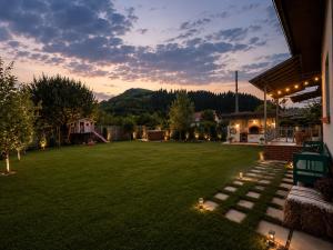 a backyard with a lawn with lights on it at Chalet Bora in Vişeu de Jos +186 photos