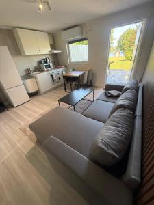 a living room with a couch and a table at Hindås Lakeside Cabin 4 in Hindås