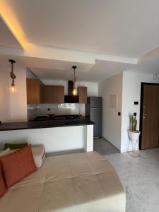 a kitchen and a living room with a couch at عين زغوان in La Marsa