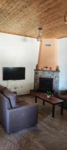 a living room with a couch and a fireplace at PetroLithos Traditional Suites in Agros